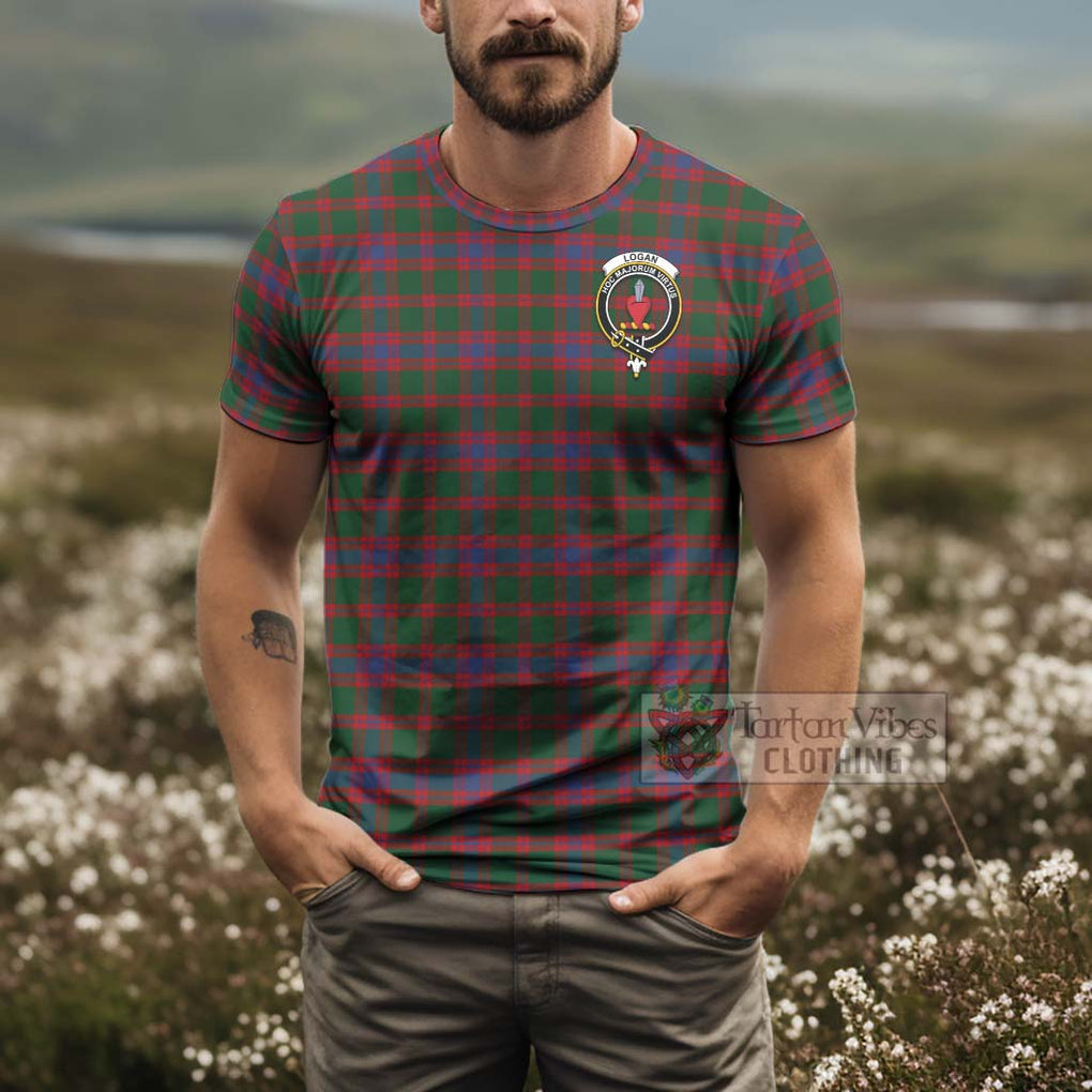 Tartan Vibes Clothing Logan Tartan T-Shirt with Family Crest and Bearded Skull Holding Bottles of Whiskey