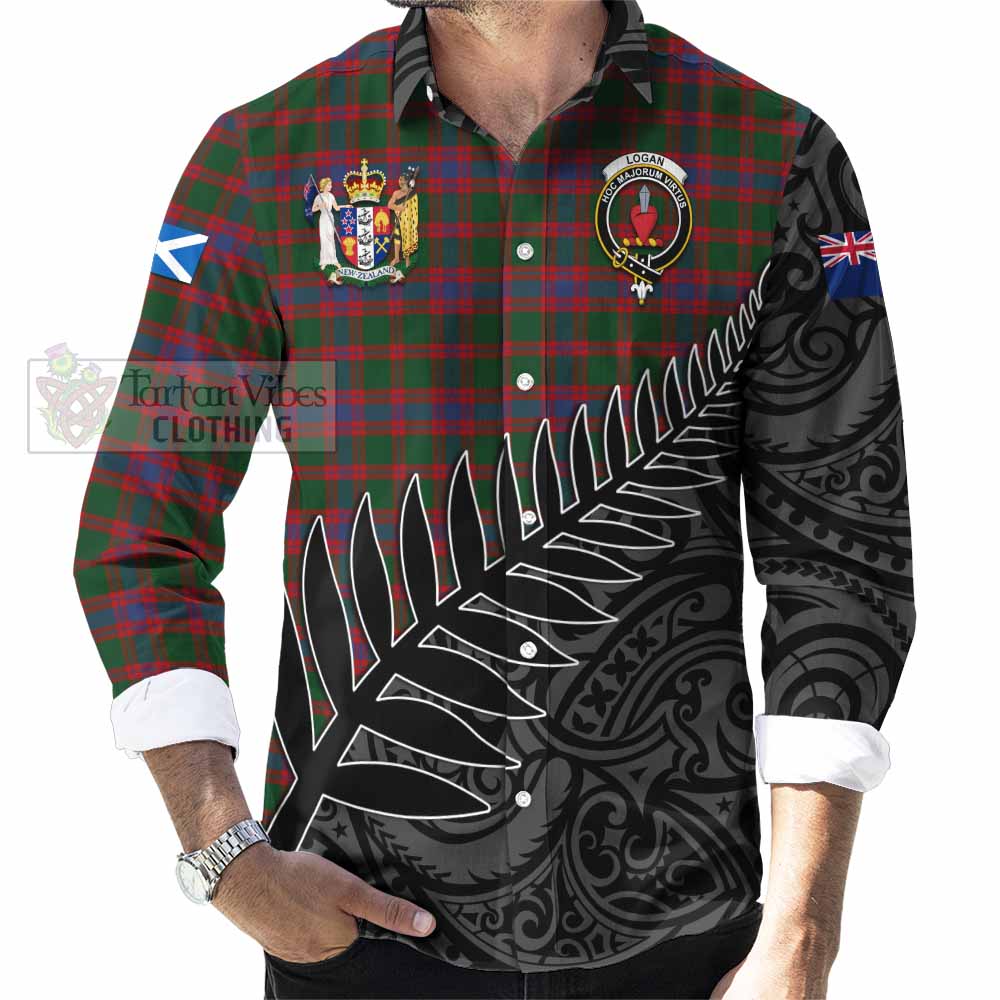 Tartan Vibes Clothing Logan Crest Tartan Long Sleeve Button Shirt with New Zealand Silver Fern Half Style