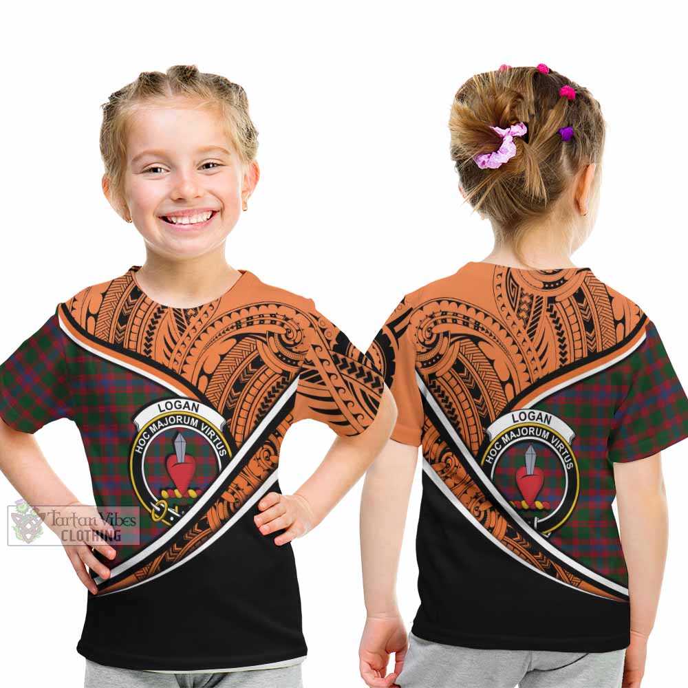 Tartan Vibes Clothing Logan Crest Tartan Kid T-Shirt with Maori Tattoo Style - Orange Version