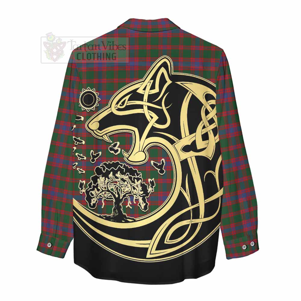 Tartan Vibes Clothing Logan Tartan Women's Casual Shirt with Family Crest Celtic Wolf Style