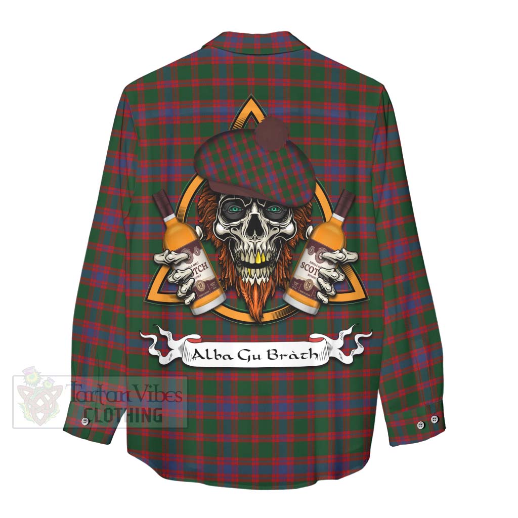 Tartan Vibes Clothing Logan Tartan Women's Casual Shirt with Family Crest and Bearded Skull Holding Bottles of Whiskey