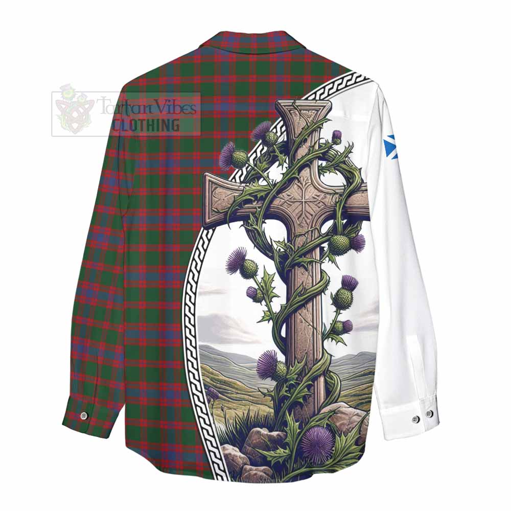 Tartan Vibes Clothing Logan Tartan Women's Casual Shirt with Family Crest and St. Andrew's Cross Accented by Thistle Vines