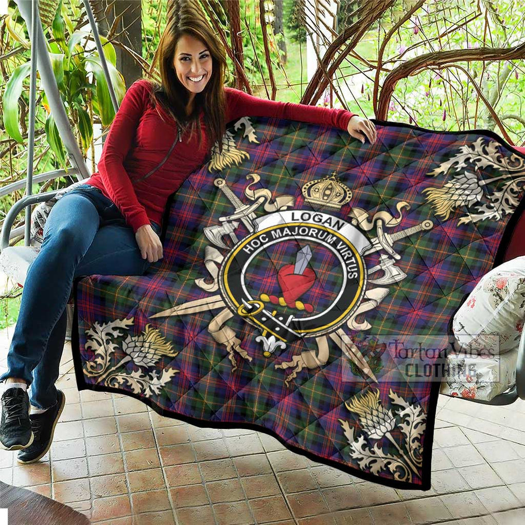 Tartan Vibes Clothing Logan Tartan Quilt with Family Crest and Scottish Golden Courage Shield