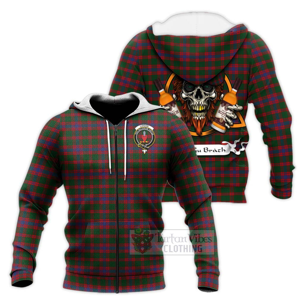 Tartan Vibes Clothing Logan Tartan Knitted Hoodie with Family Crest and Bearded Skull Holding Bottles of Whiskey