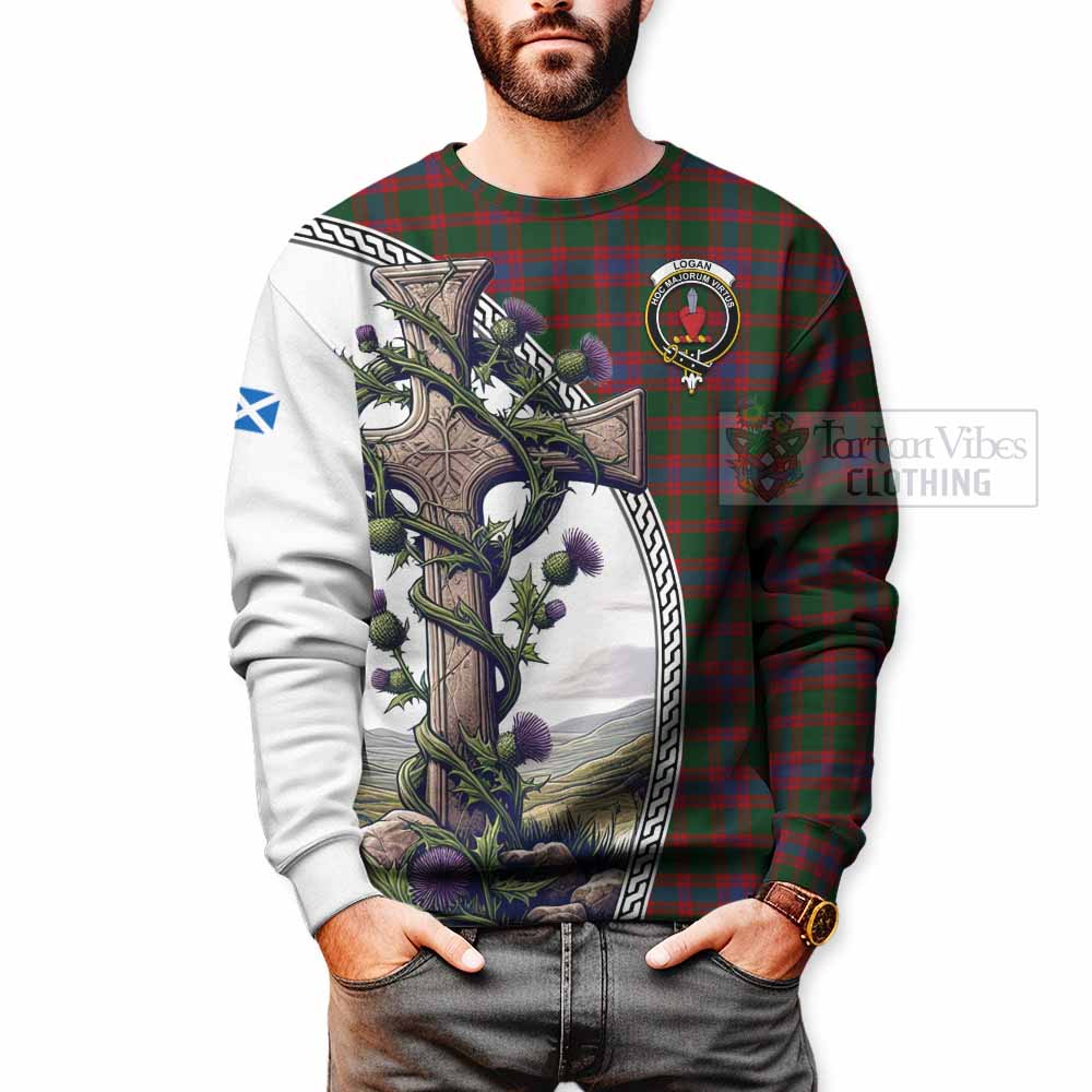 Tartan Vibes Clothing Logan Tartan Sweatshirt with Family Crest and St. Andrew's Cross Accented by Thistle Vines