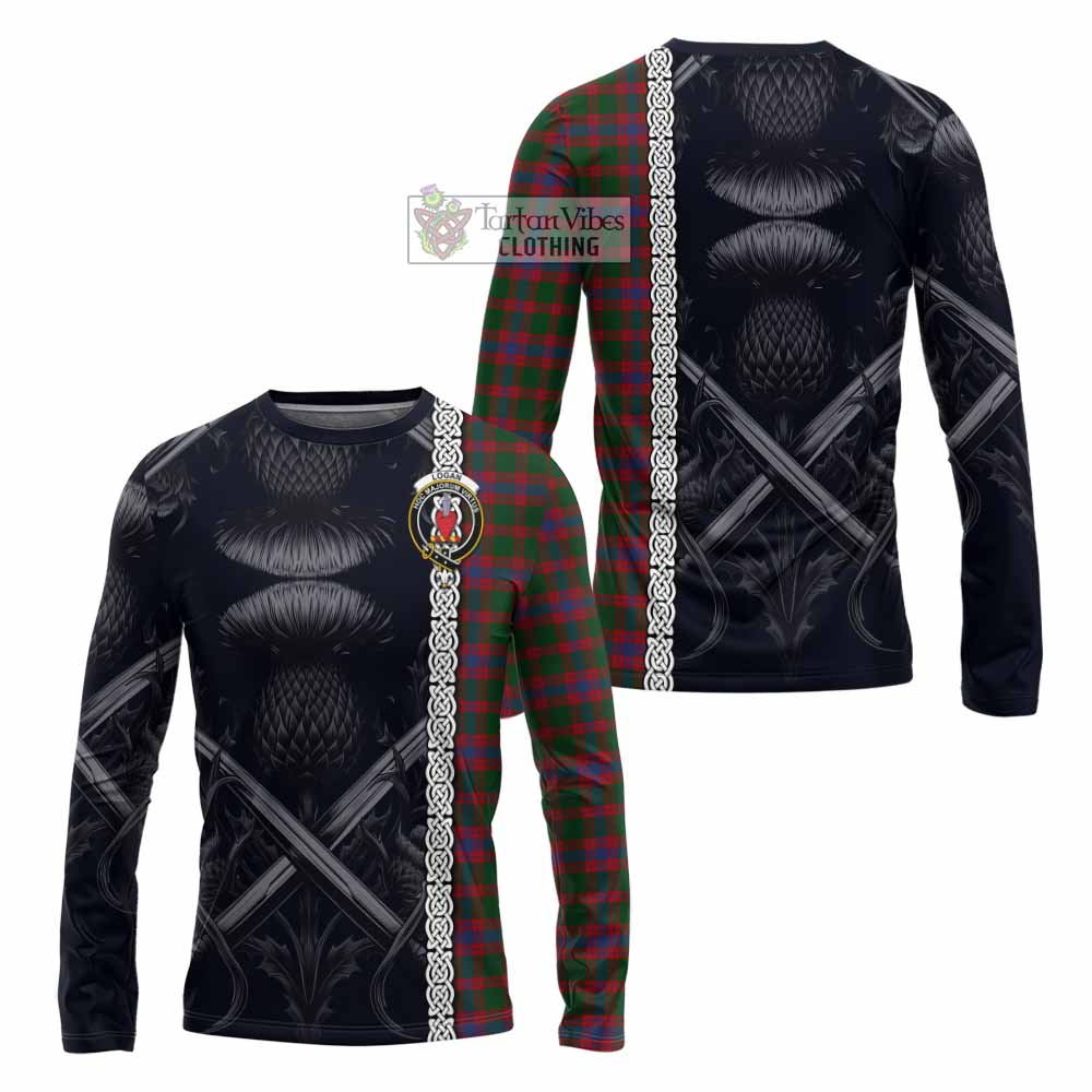 Tartan Vibes Clothing Logan Tartan Long Sleeve T-Shirt with Family Crest Cross Sword Thistle Celtic Vibes