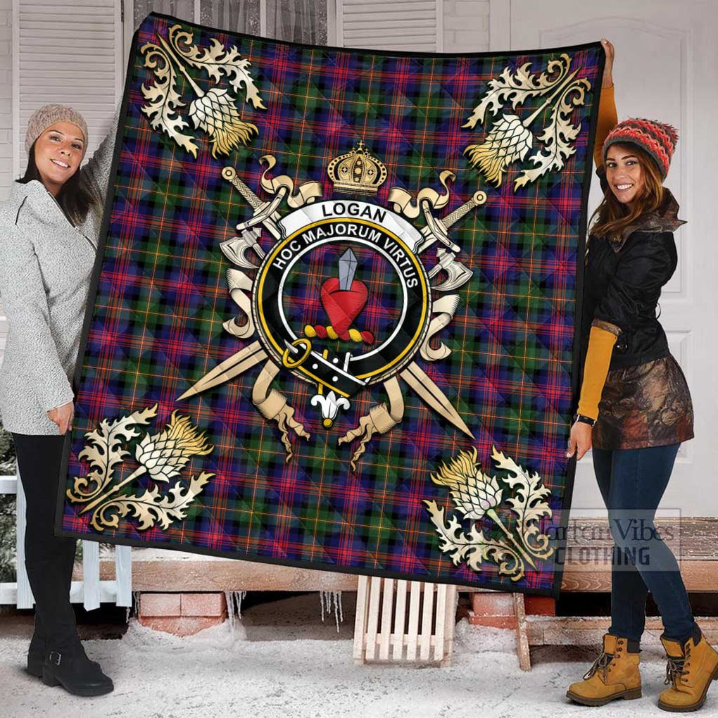 Tartan Vibes Clothing Logan Tartan Quilt with Family Crest and Scottish Golden Courage Shield