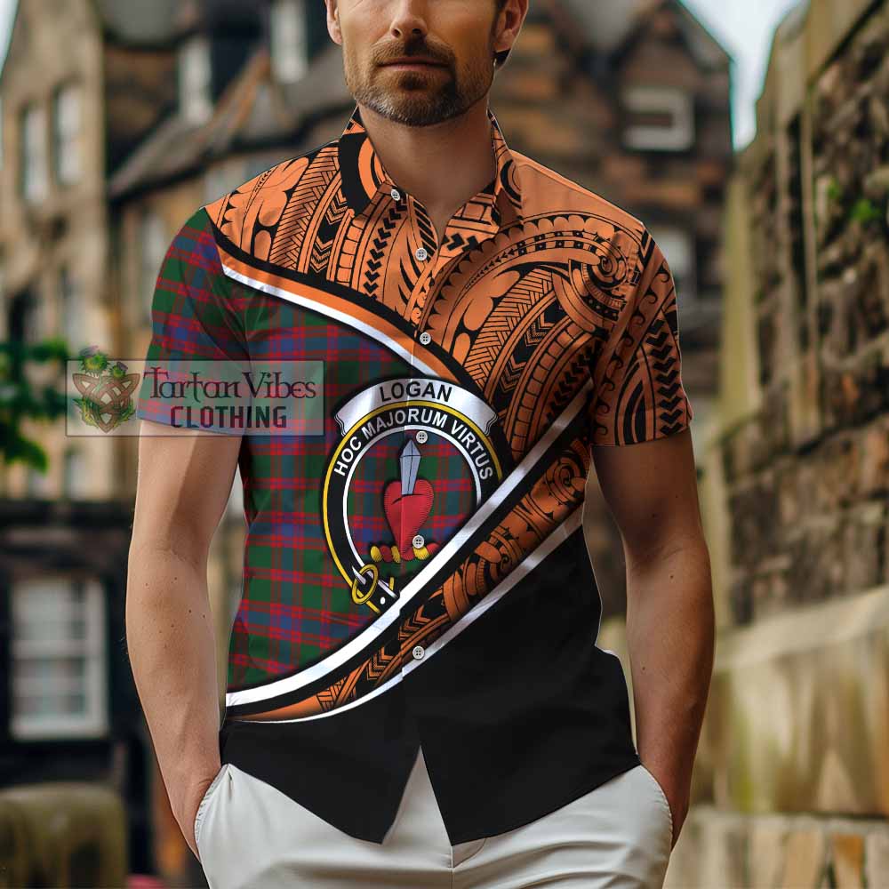 Tartan Vibes Clothing Logan Crest Tartan Short Sleeve Button Shirt with Maori Tattoo Style - Orange Version