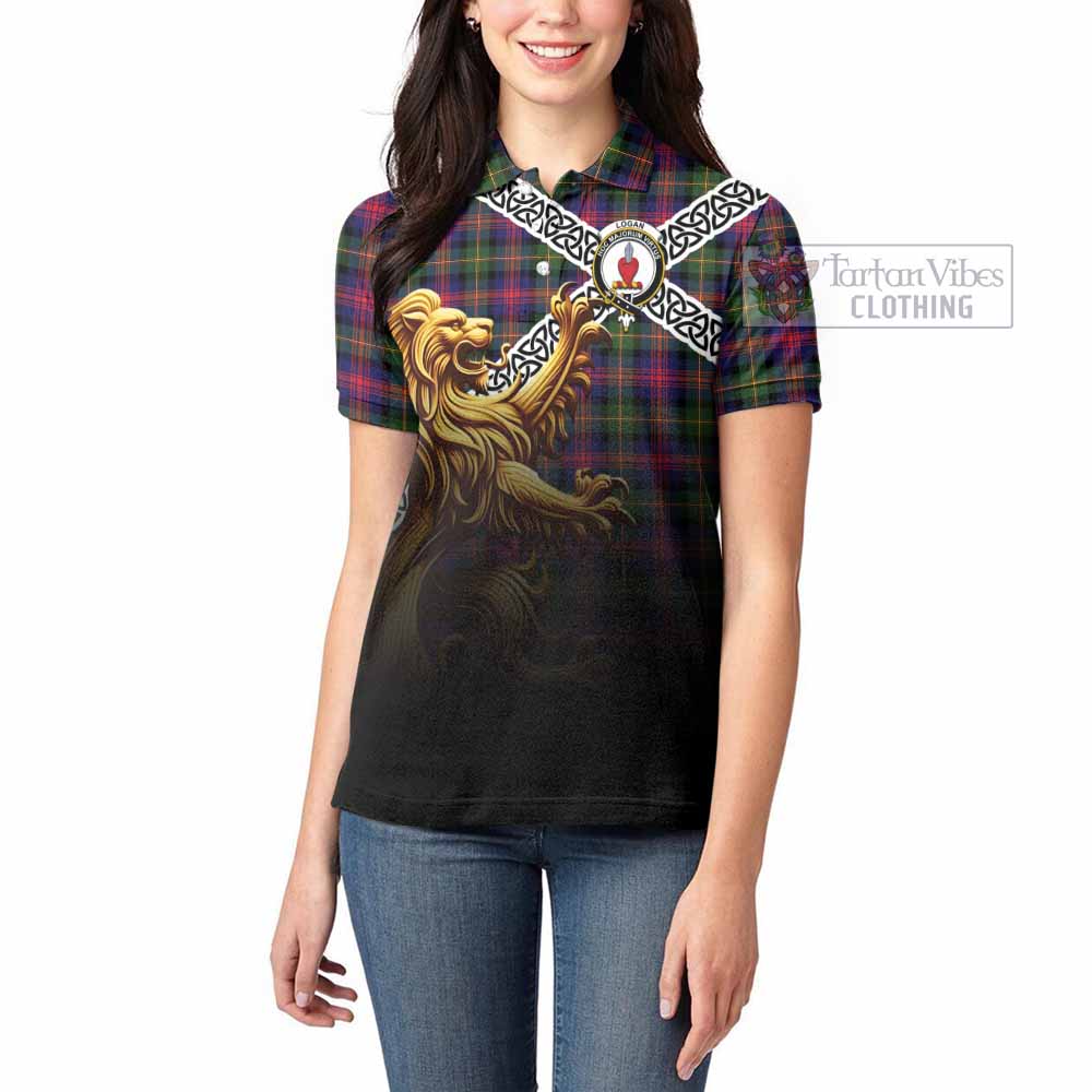 Logan Crest Tartan Women's Polo Shirt with Golden Lion Emblem Celtic Style - Tartan Vibes Clothing