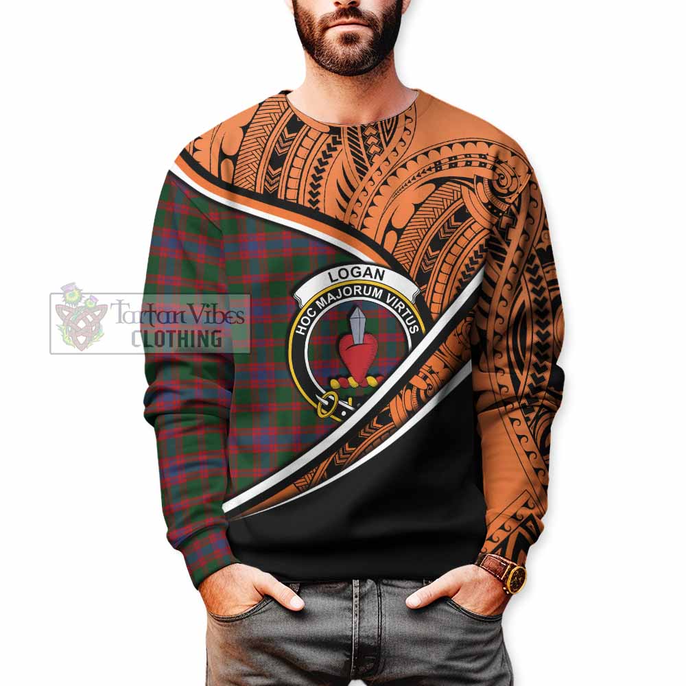 Tartan Vibes Clothing Logan Crest Tartan Sweatshirt with Maori Tattoo Style - Orange Version