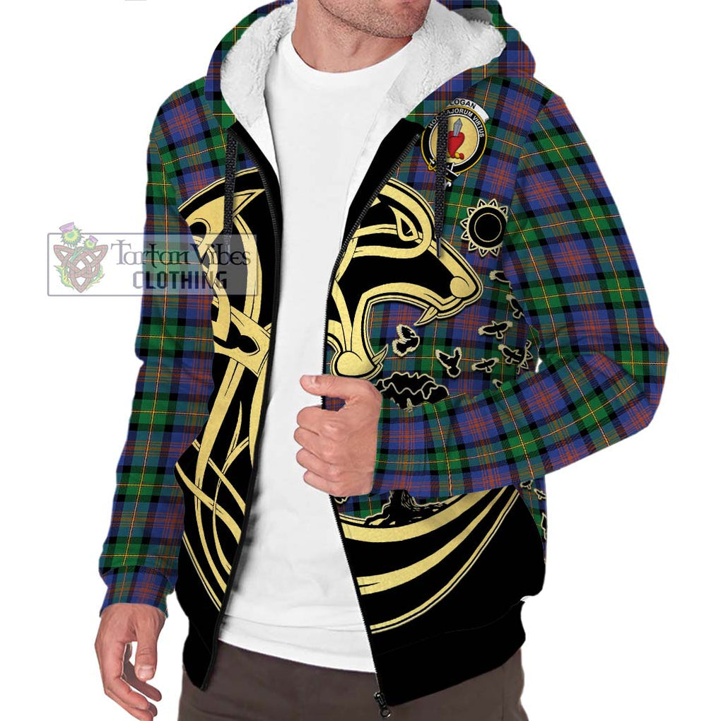 Logan Ancient Tartan Sherpa Hoodie with Family Crest Celtic Wolf Style Unisex S - Tartan Vibes Clothing