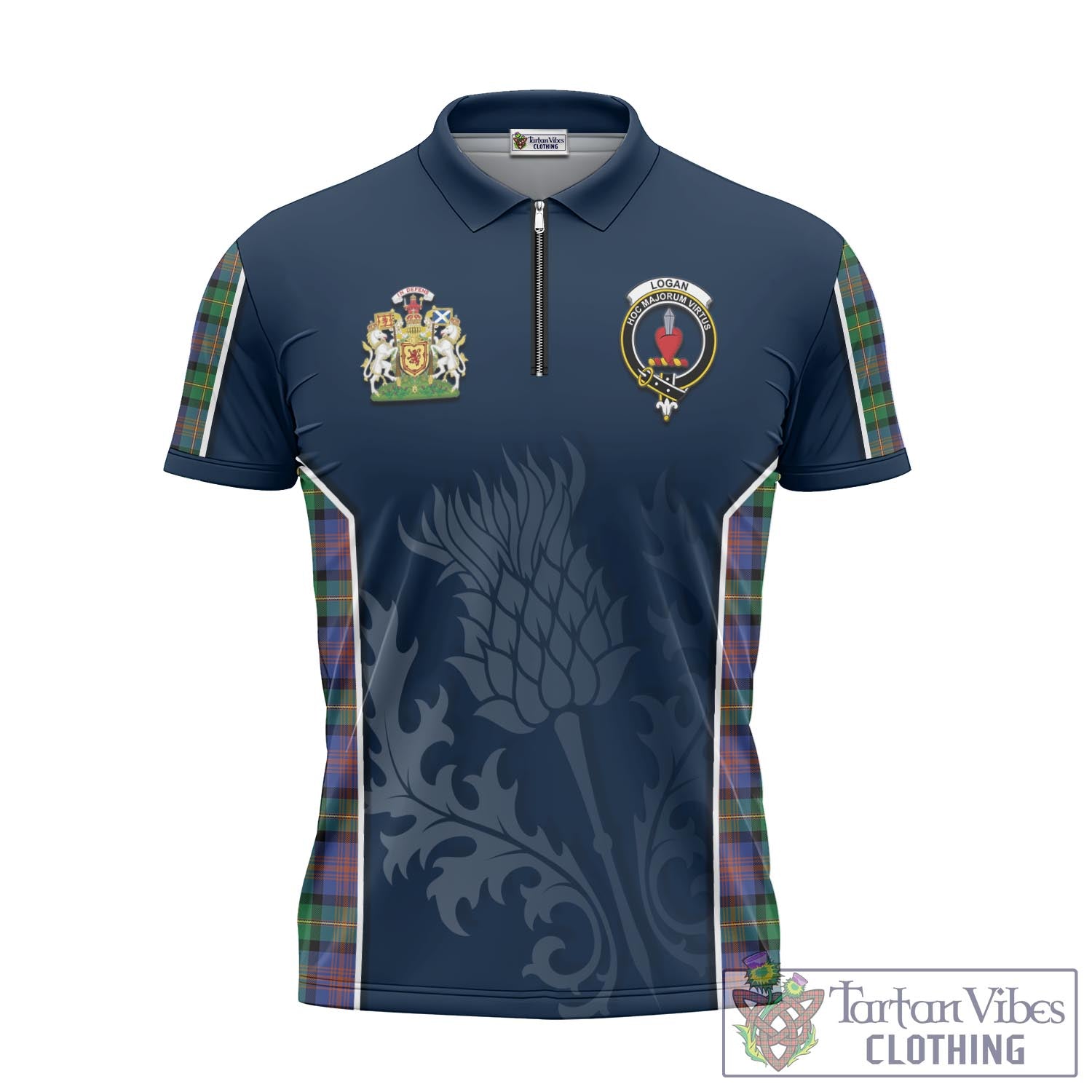 Tartan Vibes Clothing Logan Ancient Tartan Zipper Polo Shirt with Family Crest and Scottish Thistle Vibes Sport Style