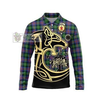 Logan Ancient Tartan Long Sleeve Polo Shirt with Family Crest Celtic Wolf Style