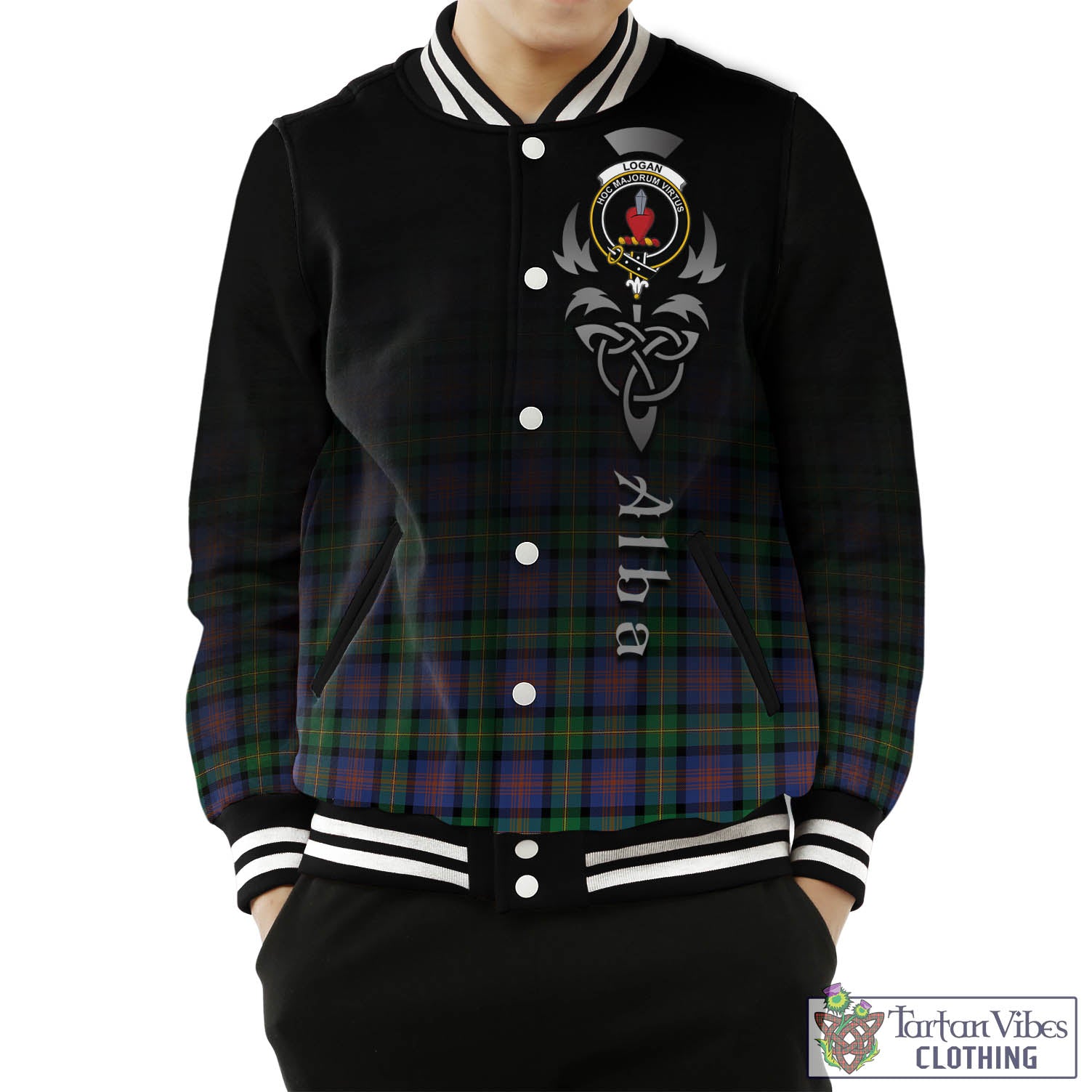 Tartan Vibes Clothing Logan Ancient Tartan Baseball Jacket Featuring Alba Gu Brath Family Crest Celtic Inspired