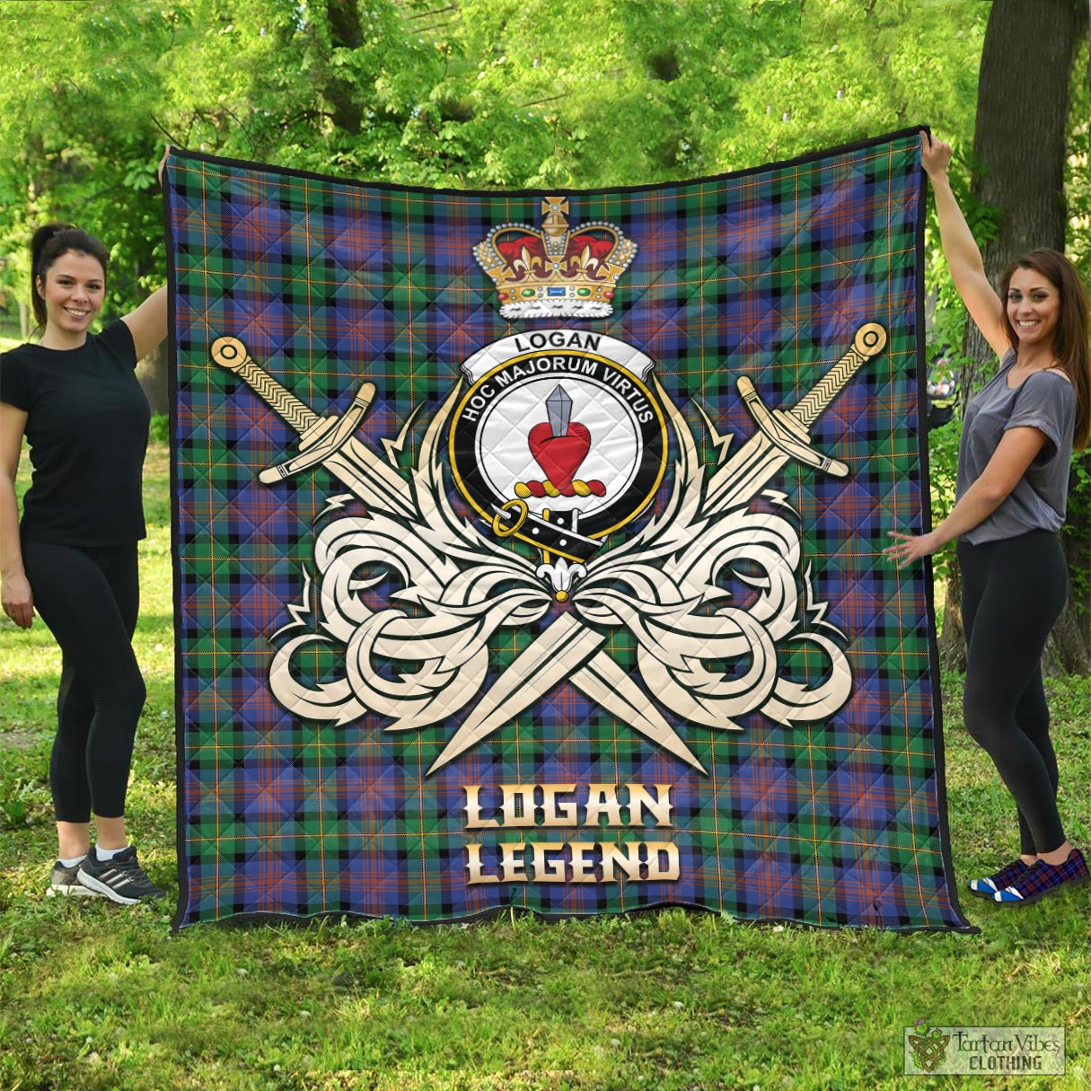 Tartan Vibes Clothing Logan Ancient Tartan Quilt with Clan Crest and the Golden Sword of Courageous Legacy