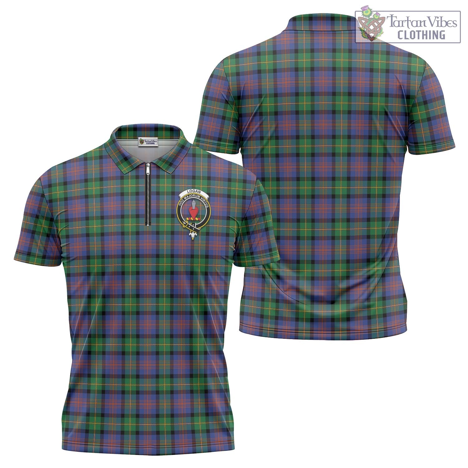 Tartan Vibes Clothing Logan Ancient Tartan Zipper Polo Shirt with Family Crest