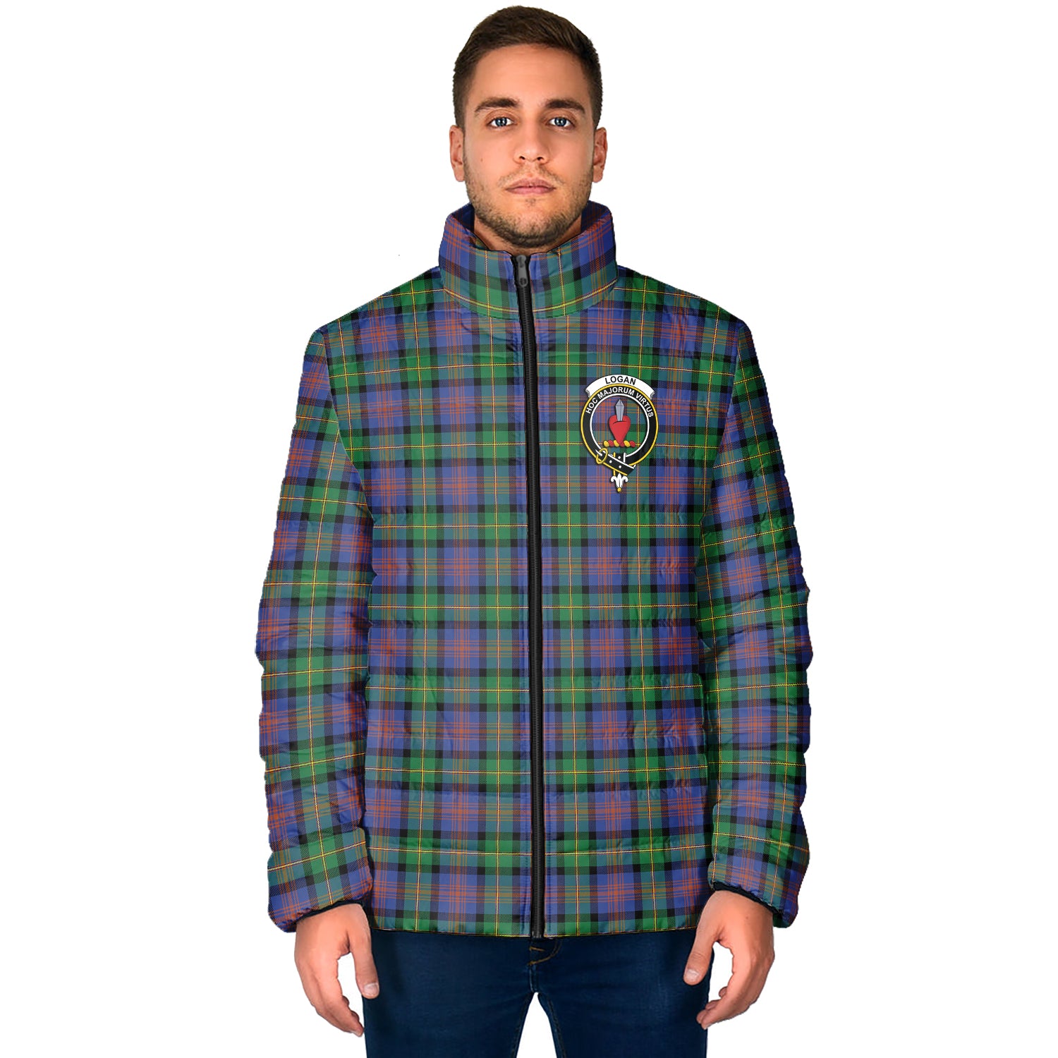 Logan Ancient Tartan Padded Jacket with Family Crest - Tartan Vibes Clothing