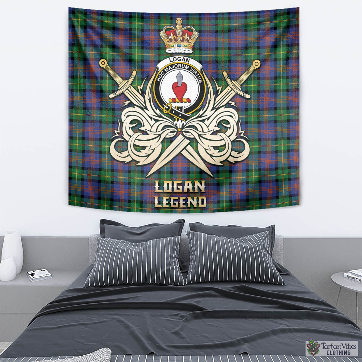 Tartan Vibes Clothing Logan Ancient Tartan Tapestry with Clan Crest and the Golden Sword of Courageous Legacy