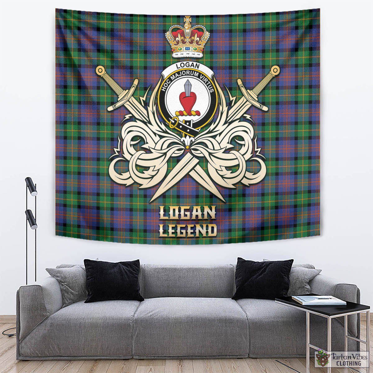 Tartan Vibes Clothing Logan Ancient Tartan Tapestry with Clan Crest and the Golden Sword of Courageous Legacy