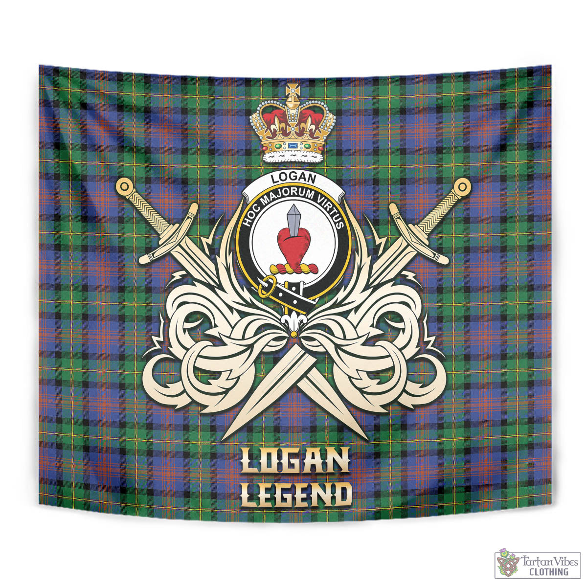 Tartan Vibes Clothing Logan Ancient Tartan Tapestry with Clan Crest and the Golden Sword of Courageous Legacy