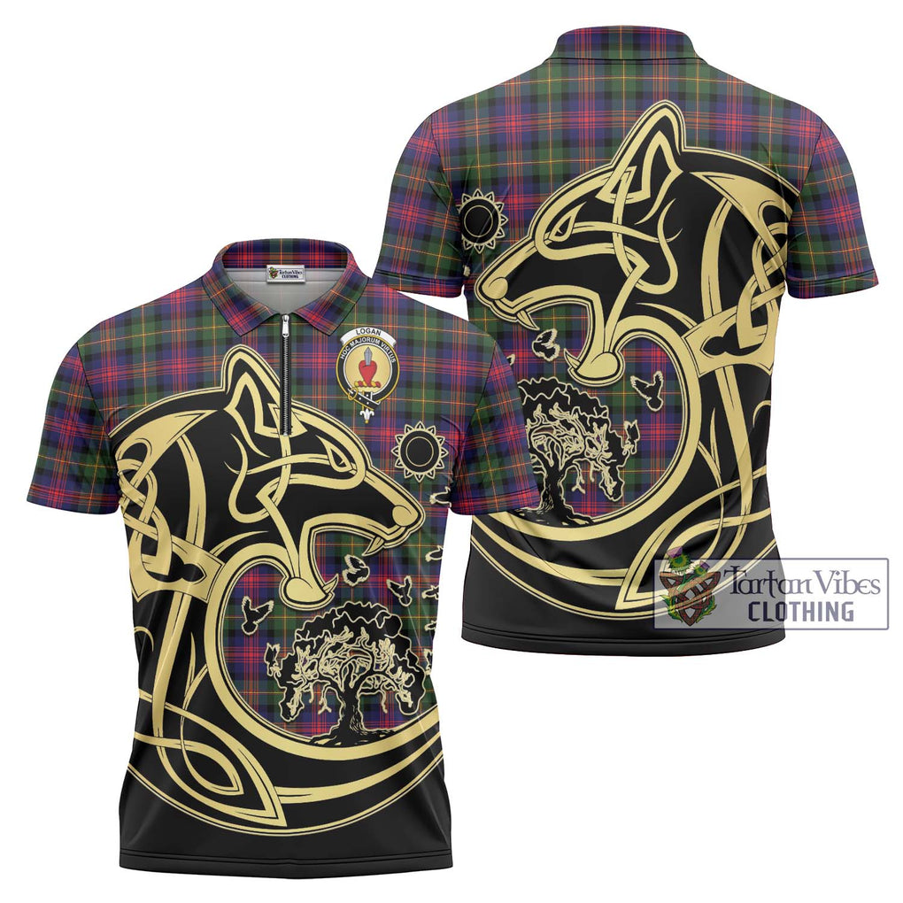 Logan Tartan Zipper Polo Shirt with Family Crest Celtic Wolf Style Unisex - Tartanvibesclothing Shop