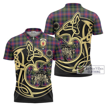 Logan Tartan Zipper Polo Shirt with Family Crest Celtic Wolf Style