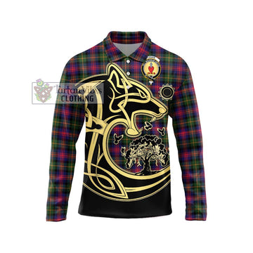 Logan Tartan Long Sleeve Polo Shirt with Family Crest Celtic Wolf Style