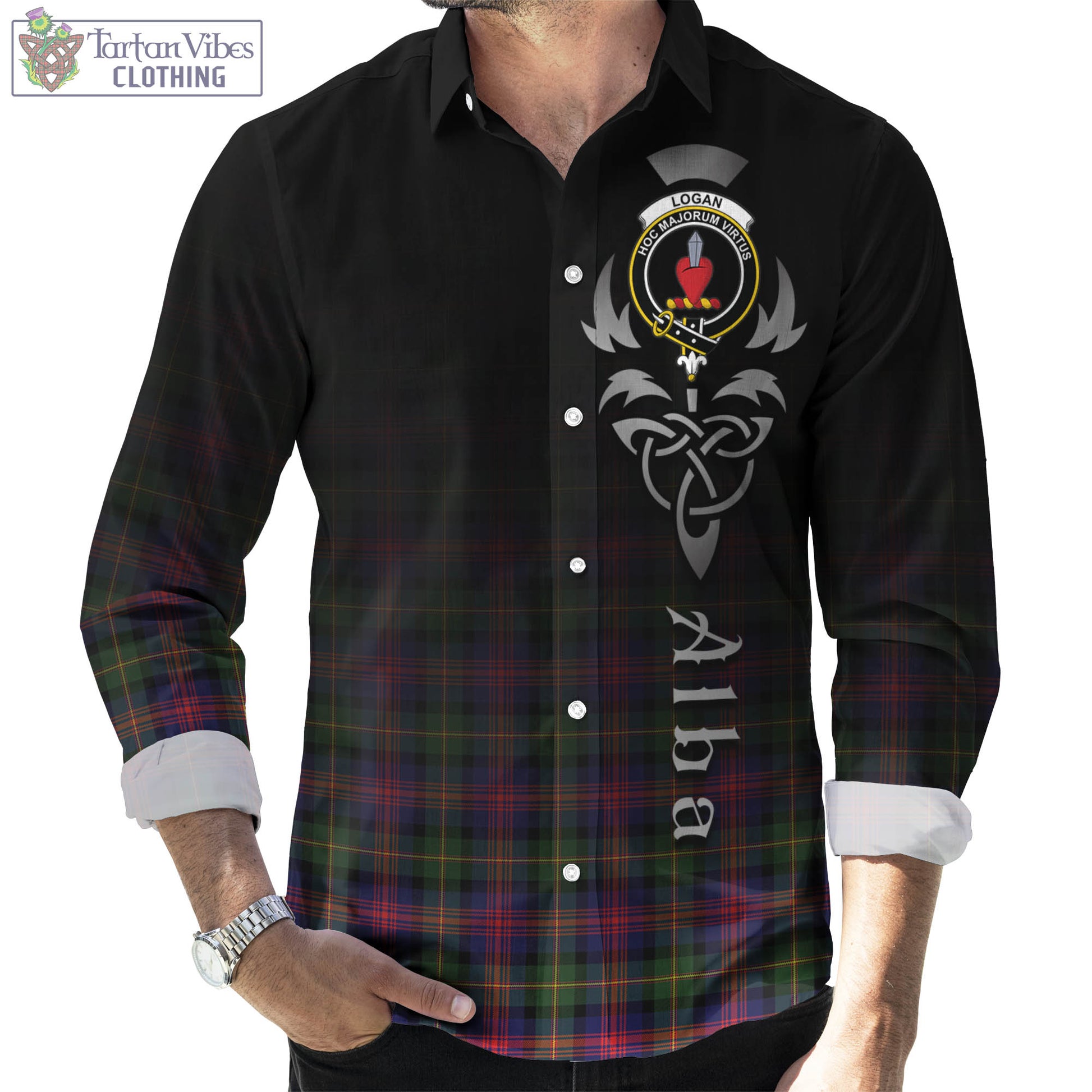 Tartan Vibes Clothing Logan Modern Tartan Long Sleeve Button Up Featuring Alba Gu Brath Family Crest Celtic Inspired