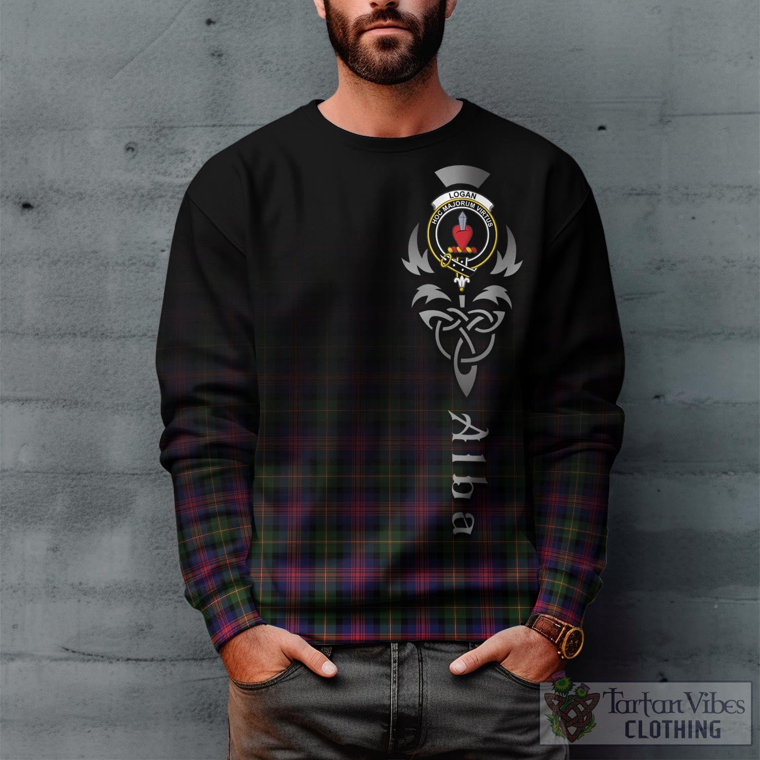 Tartan Vibes Clothing Logan Modern Tartan Sweatshirt Featuring Alba Gu Brath Family Crest Celtic Inspired