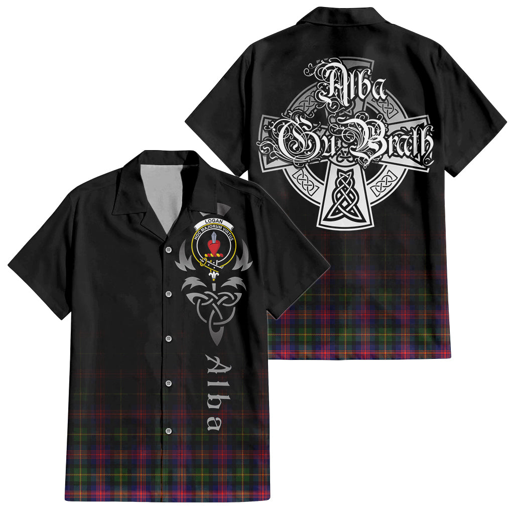 Tartan Vibes Clothing Logan Modern Tartan Short Sleeve Button Up Featuring Alba Gu Brath Family Crest Celtic Inspired