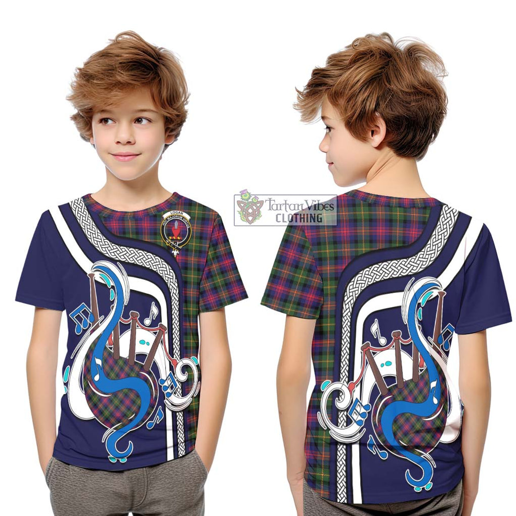 Tartan Vibes Clothing Logan Modern Tartan Kid T-Shirt with Epic Bagpipe Style