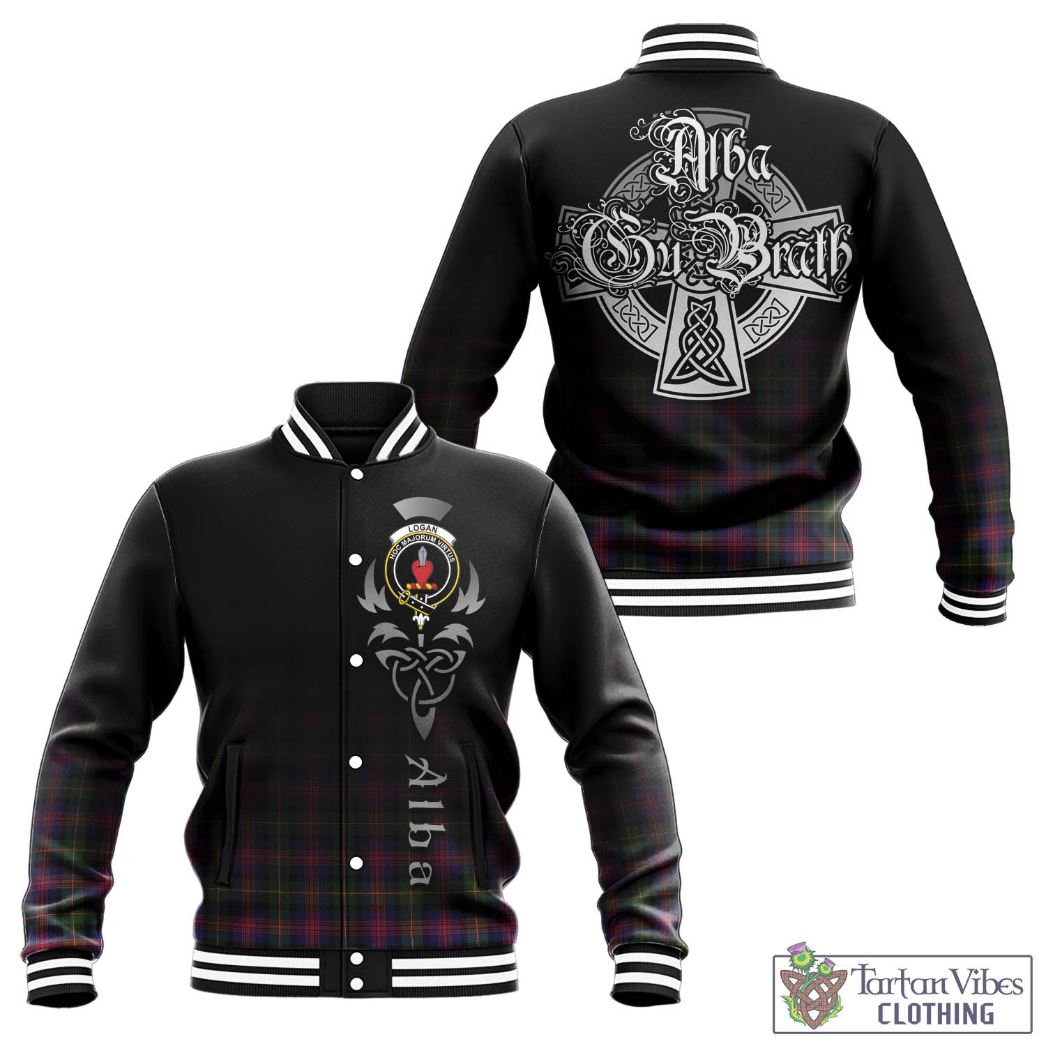 Tartan Vibes Clothing Logan Modern Tartan Baseball Jacket Featuring Alba Gu Brath Family Crest Celtic Inspired