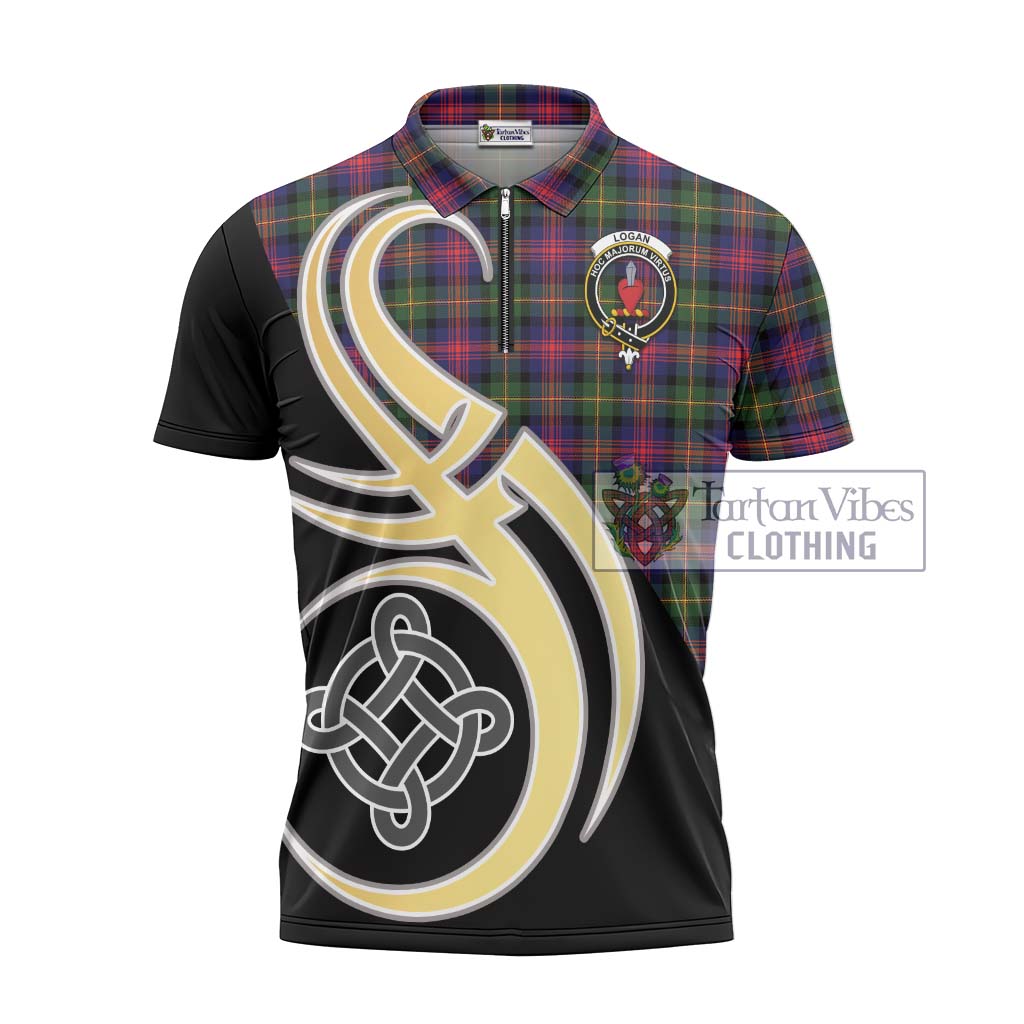 Tartan Vibes Clothing Logan Modern Tartan Zipper Polo Shirt with Family Crest and Celtic Symbol Style