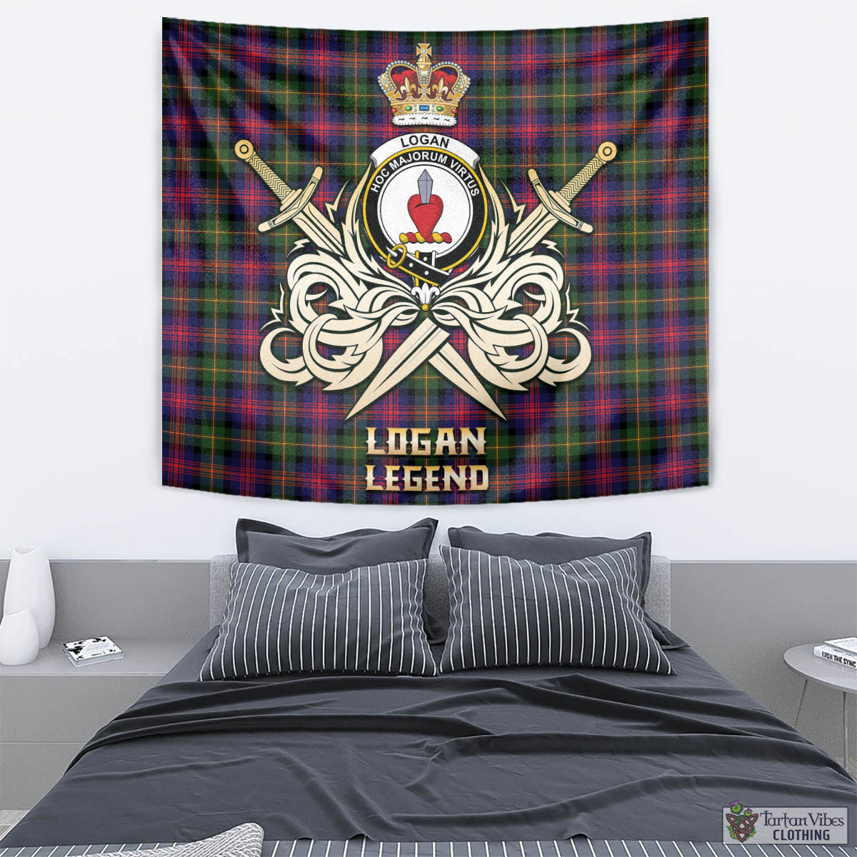 Tartan Vibes Clothing Logan Modern Tartan Tapestry with Clan Crest and the Golden Sword of Courageous Legacy