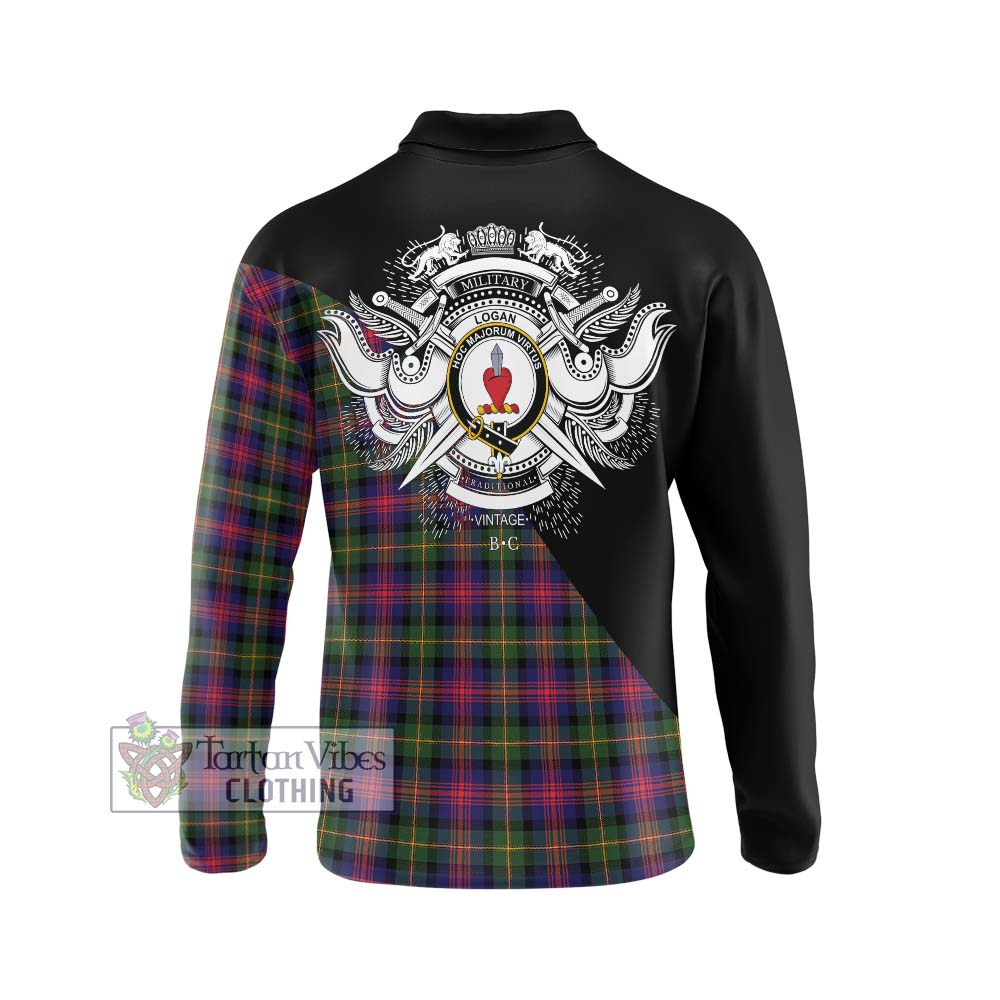 Logan Tartan Long Sleeve Polo Shirt with Family Crest and Military Logo Style - Tartanvibesclothing Shop