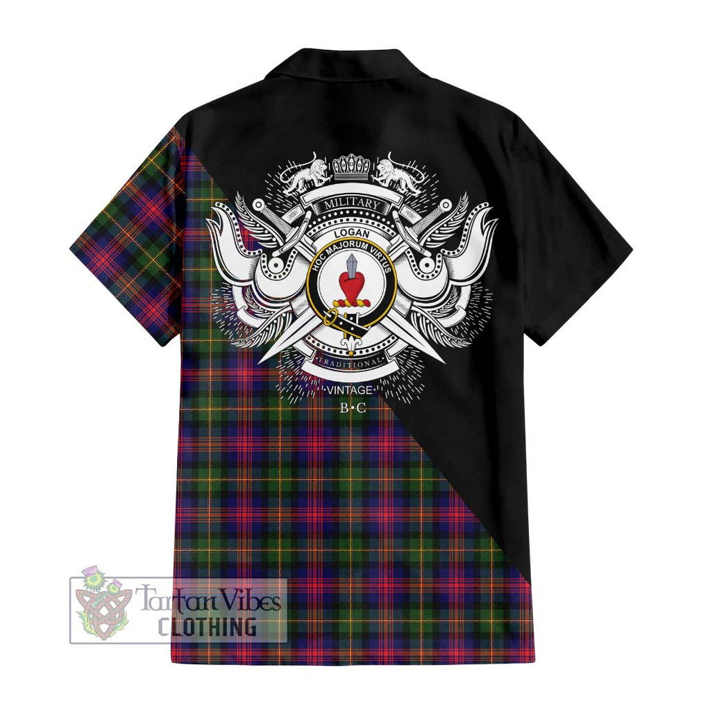 Logan Tartan Short Sleeve Button Shirt with Family Crest and Military Logo Style - Tartanvibesclothing Shop