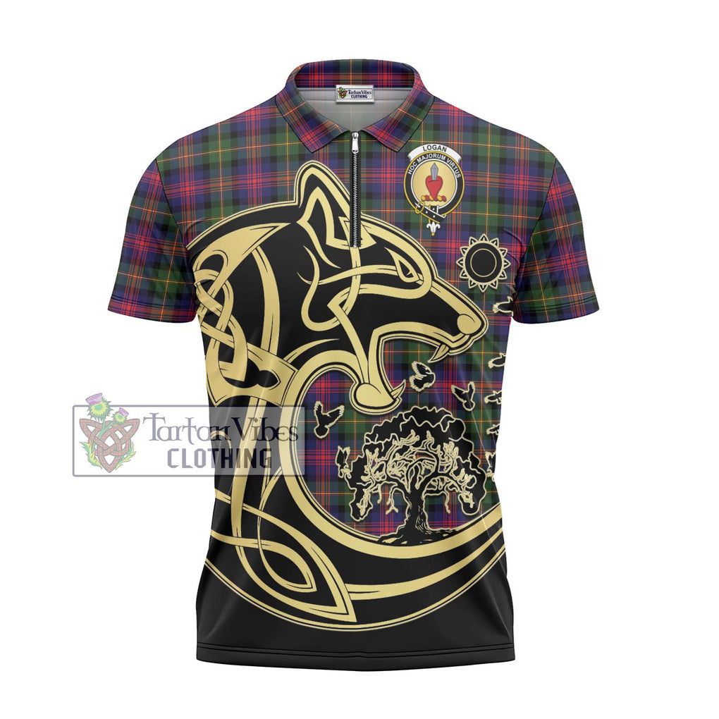 Logan Tartan Zipper Polo Shirt with Family Crest Celtic Wolf Style - Tartanvibesclothing Shop