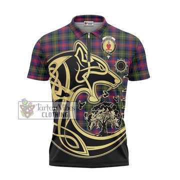 Logan Tartan Zipper Polo Shirt with Family Crest Celtic Wolf Style