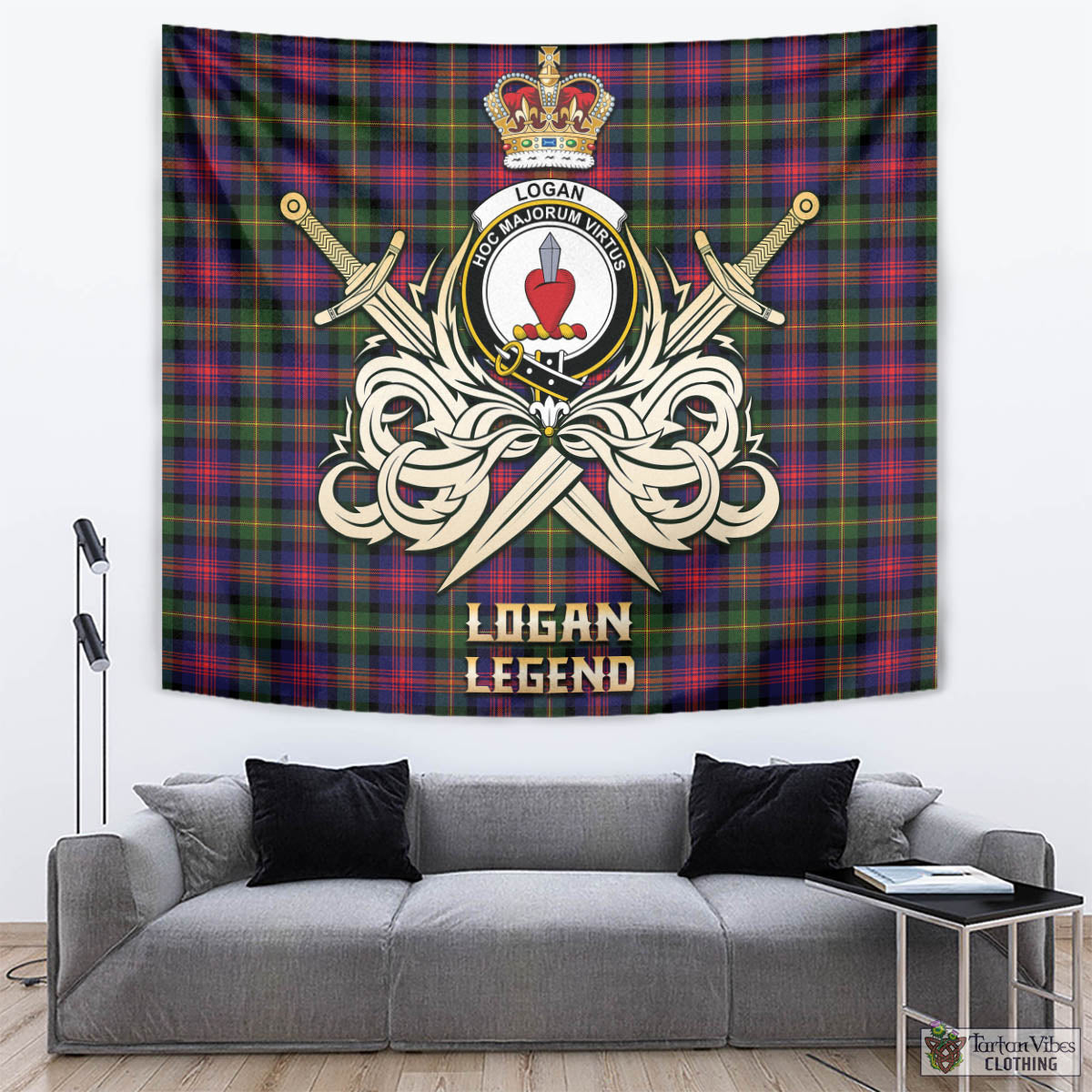 Tartan Vibes Clothing Logan Modern Tartan Tapestry with Clan Crest and the Golden Sword of Courageous Legacy