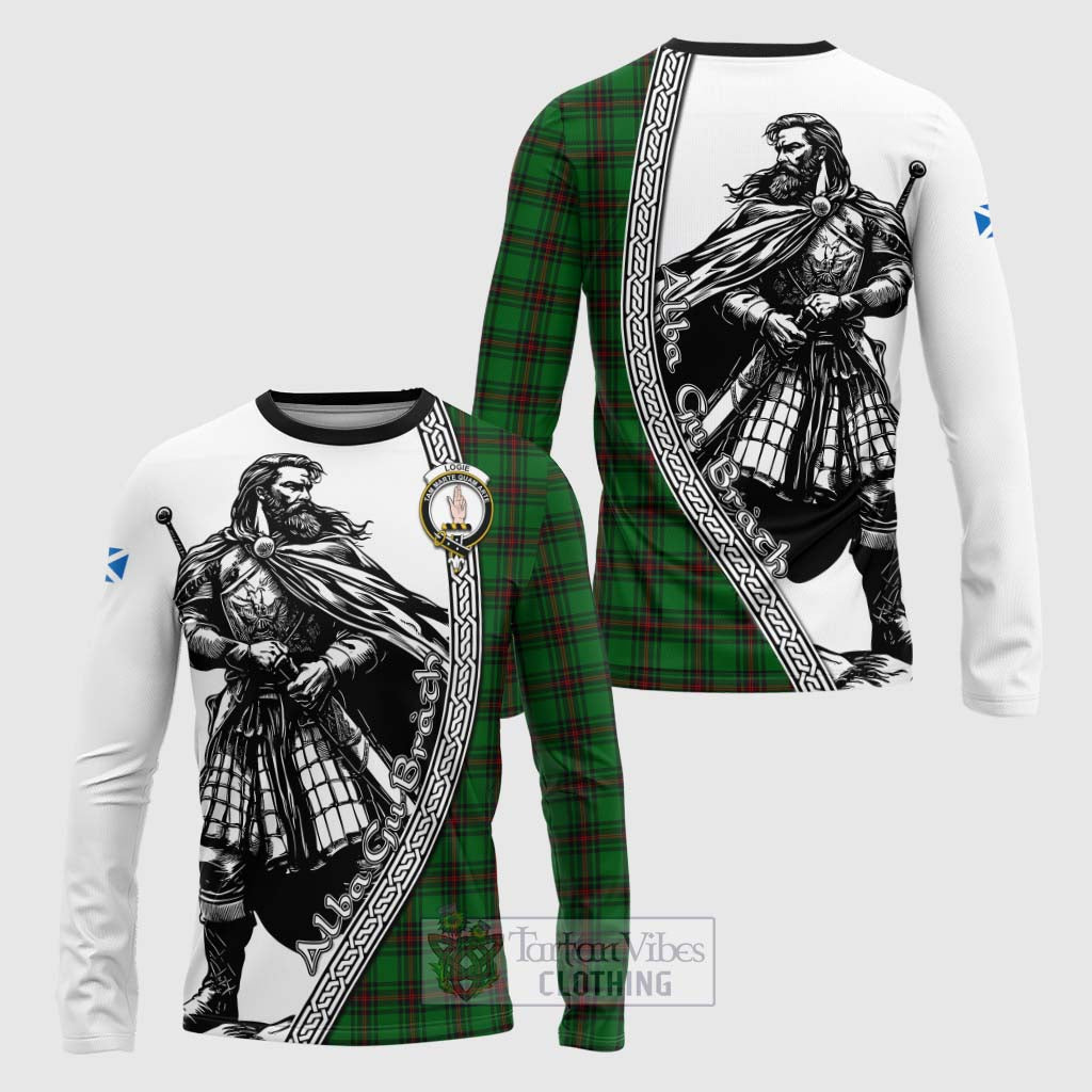 Logie Tartan Clan Crest Long Sleeve T-Shirt with Highlander Warrior Celtic Style Unisex - Tartan Vibes Clothing