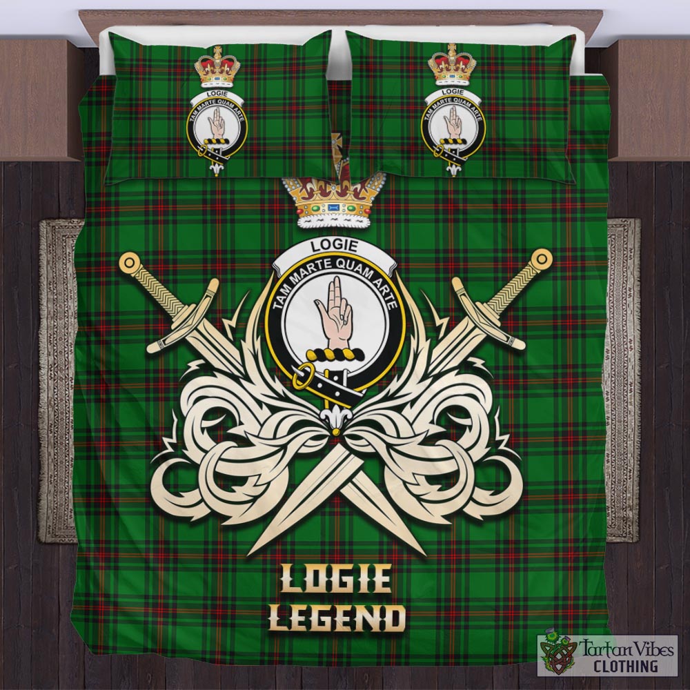 Tartan Vibes Clothing Logie Tartan Bedding Set with Clan Crest and the Golden Sword of Courageous Legacy