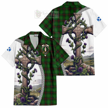 Logie Tartan Short Sleeve Button Shirt with Family Crest and St. Andrew's Cross Accented by Thistle Vines