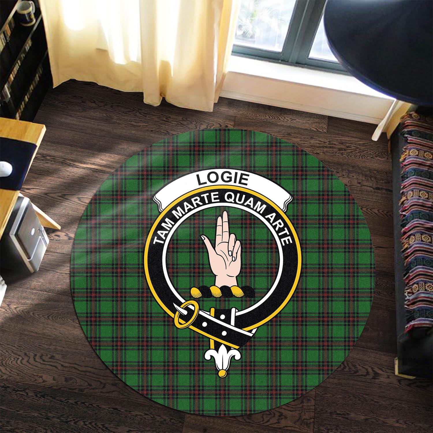 logie-tartan-round-rug-with-family-crest