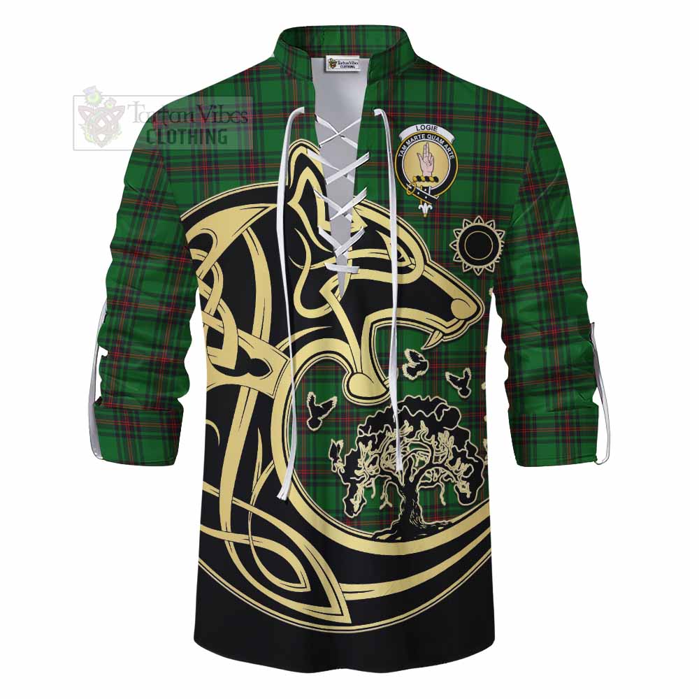 Tartan Vibes Clothing Logie Tartan Ghillie Kilt Shirt with Family Crest Celtic Wolf Style