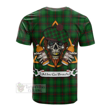 Logie Tartan Cotton T-shirt with Family Crest and Bearded Skull Holding Bottles of Whiskey - Tartan Vibes Clothing