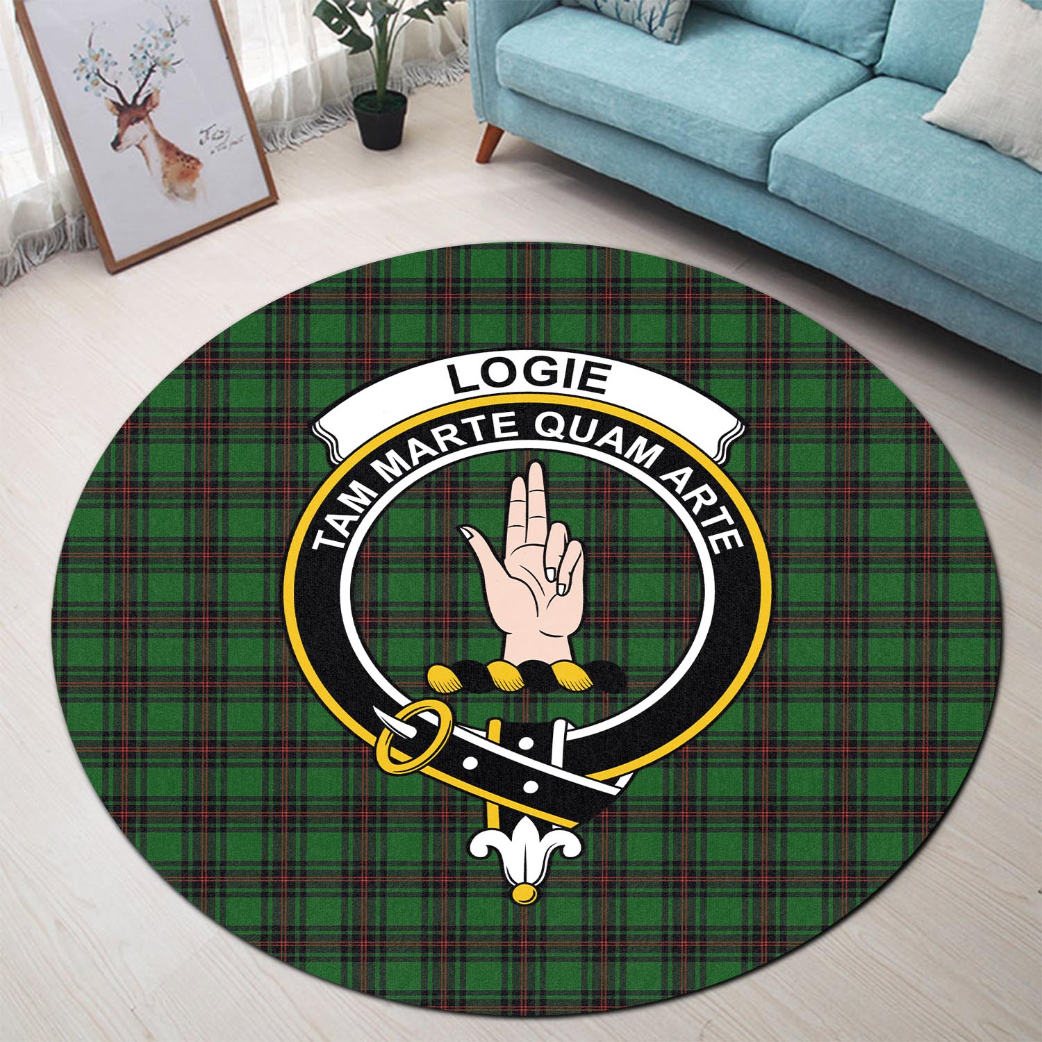 logie-tartan-round-rug-with-family-crest