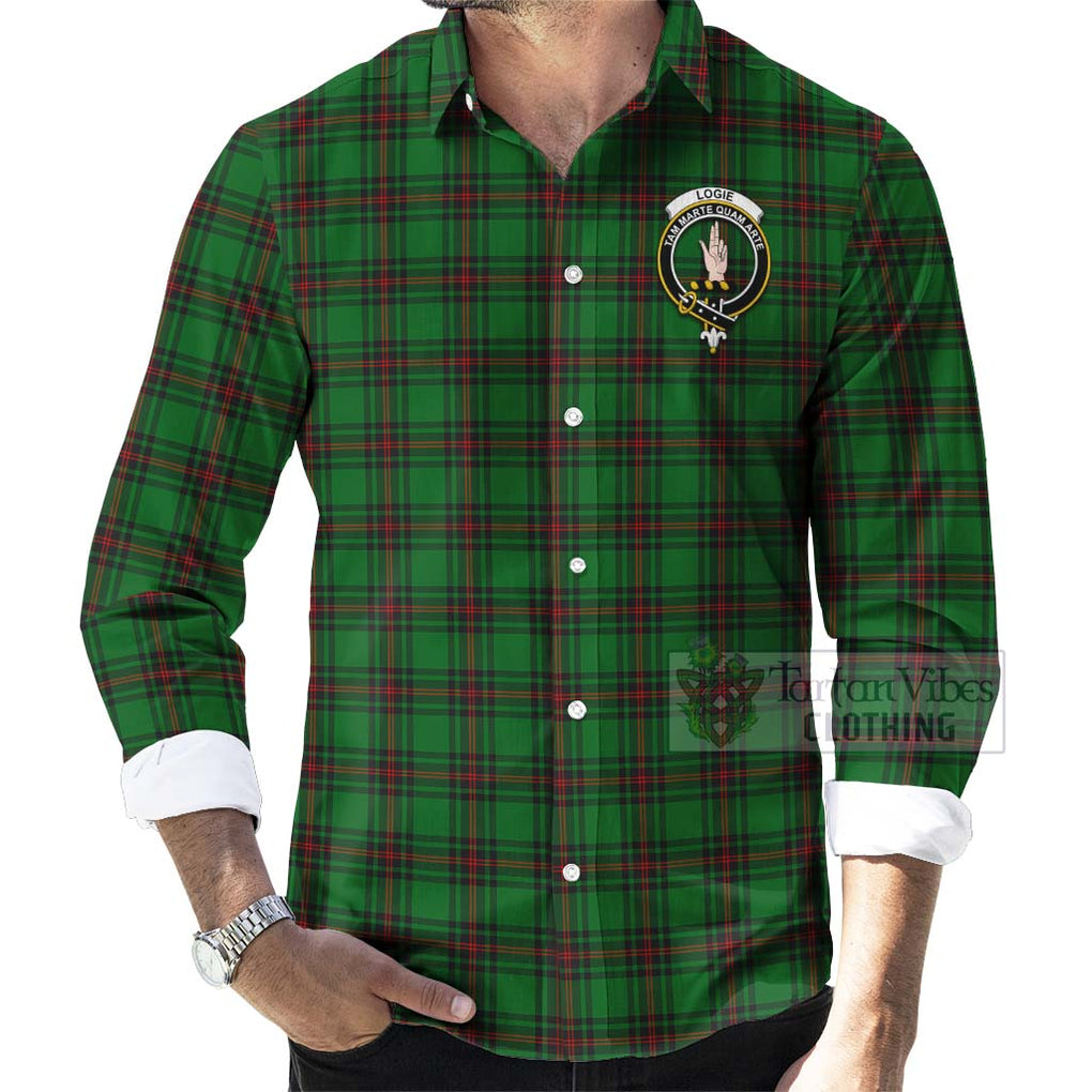 Tartan Vibes Clothing Logie Tartan Long Sleeve Button Shirt with Family Crest and Bearded Skull Holding Bottles of Whiskey