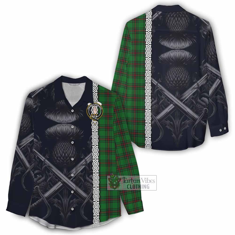 Tartan Vibes Clothing Logie Tartan Women's Casual Shirt with Family Crest Cross Sword Thistle Celtic Vibes