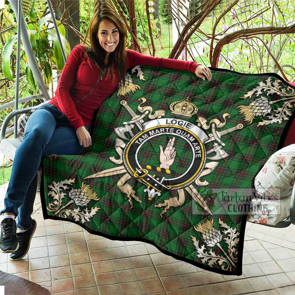 Tartan Vibes Clothing Logie Tartan Quilt with Family Crest and Scottish Golden Courage Shield