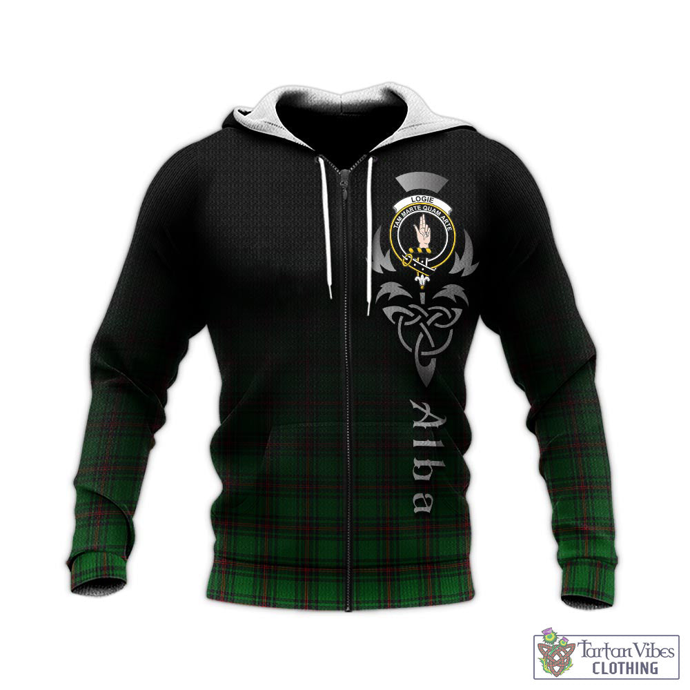 Tartan Vibes Clothing Logie Tartan Knitted Hoodie Featuring Alba Gu Brath Family Crest Celtic Inspired